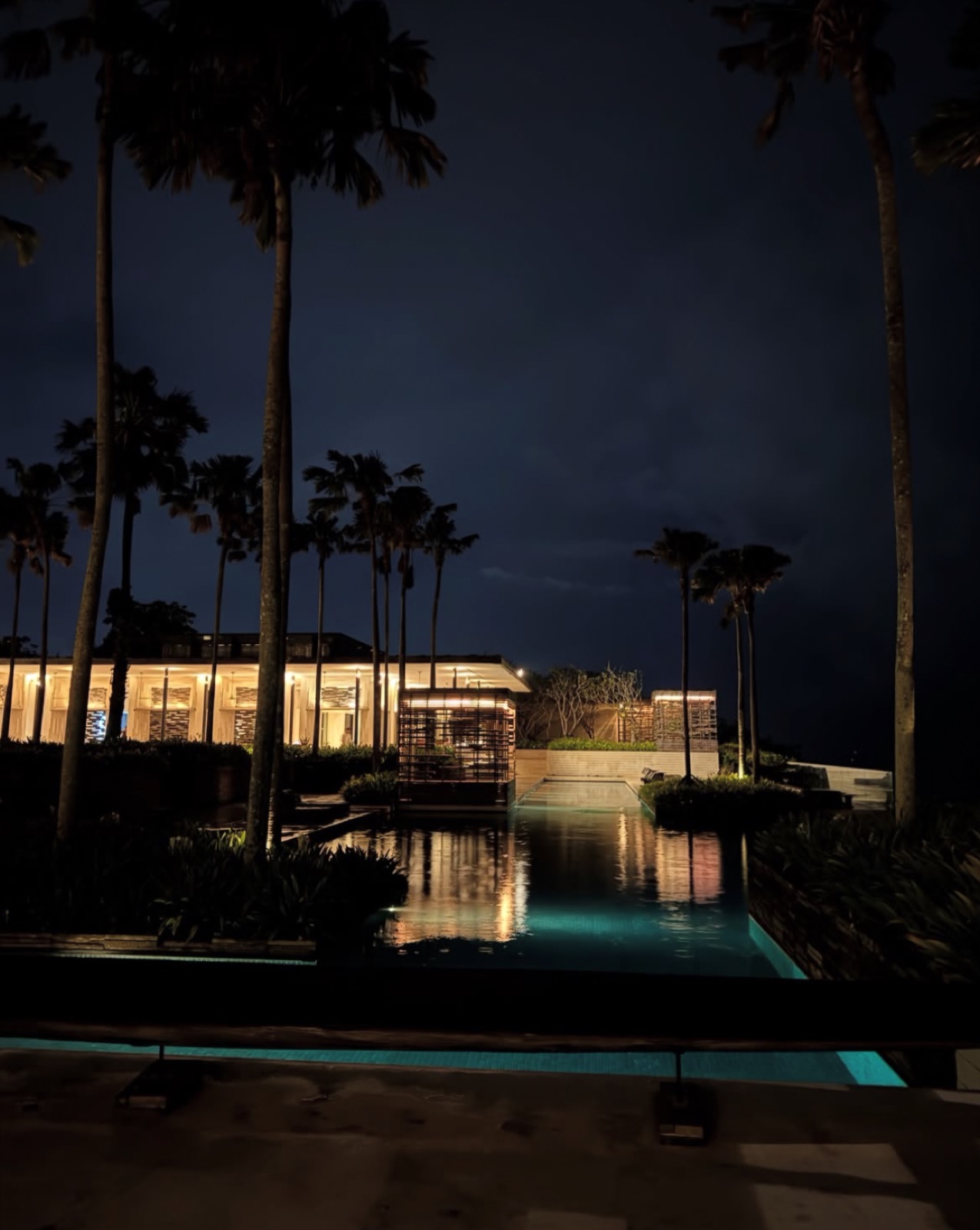 Palms and warm lights reflected in a resort pool at night