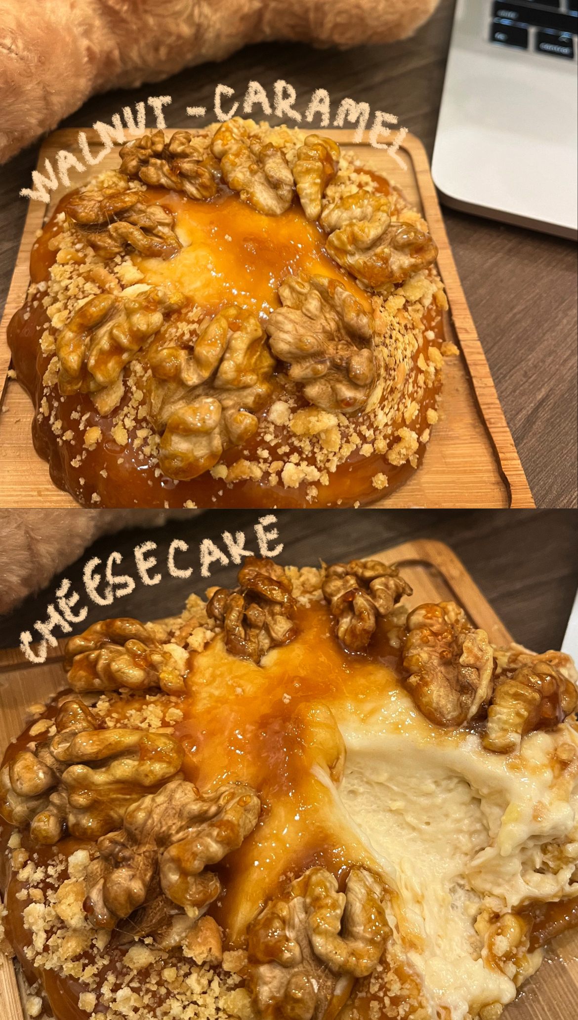 Homemade walnut and caramel cheesecake